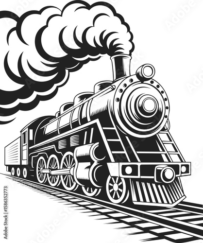 Steam locomotive, vintage train illustration, classic railway engine, black and white vector art, steam powered transport, antique train design