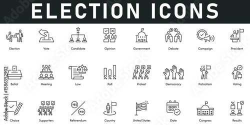 Election Icons vector illustration with thin line editable stroke contain vote, candidate, opinion, government, debate, president, ballot, result, congress, supporters, voting, democracy, poll, choice