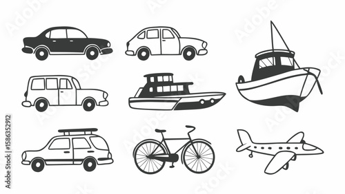 Illustration of various modes of transportation including cars boats a bicycle and an airplane drawn in black and white