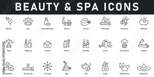 Beauty & Spa Icons vector illustration with thin line editable stroke contains stone, bathing, hydration, healthcare, soap, tea, yin yang, wellness, cream, lotion, make up, yoga, harmony, aromatherapy