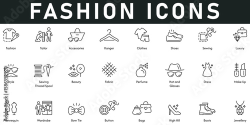 Fashion Icons vector illustration with thin line editable stroke contains tailor, hanger, clothes, shoes, sewing, luxury, style, beauty, fabric, perfume, hat, glasses, dress, make up, wardrobe, bags