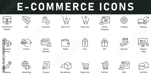 E-Commerce Icons vector illustration with thin line editable stroke contains website, sale, purchase, add to cart, check out, online shopping, tracking, delivery, customer service, 24 hours, advertise