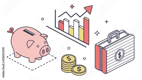 Illustration of a piggy bank, coins, a briefcase, and a bar graph with an upward trending arrow