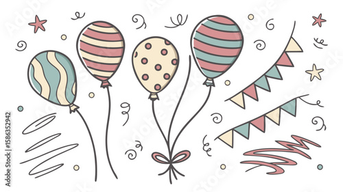 Celebration illustration featuring balloons, stars, pennant banner and confetti in pastel colors design art
