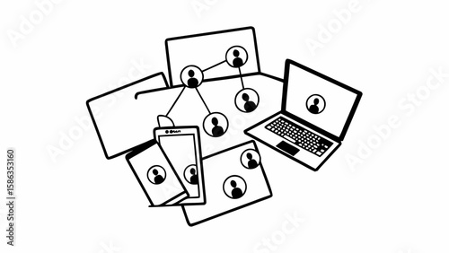 A digital network illustration showing devices connected with user icons and a hierarchical network structure