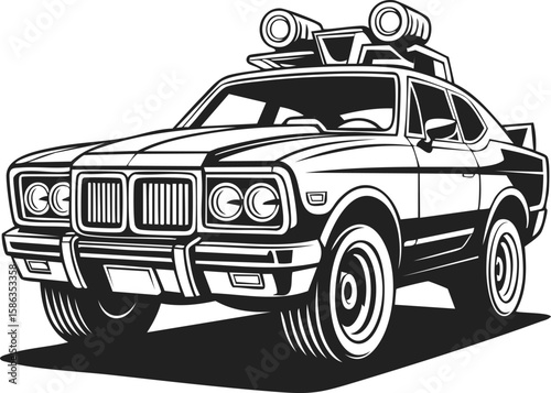Stylish vintage engraved vector illustration of an apocalyptic vehicle with bold lines and dynamic design for enthusiasts