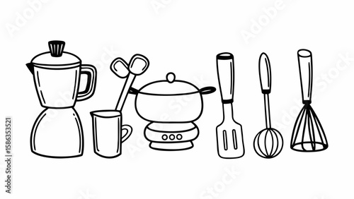 Illustration of a coffee maker mug cooking pot spatula ladle and whisk kitchen utensils in black outline
