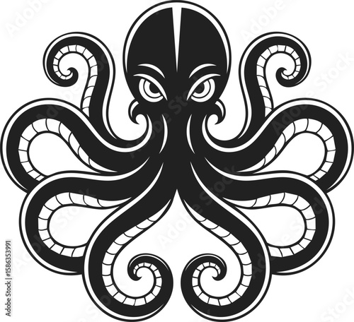 Stylized kraken illustration, mythical sea creature, oceanic legend, marine monster, vintage engraved design