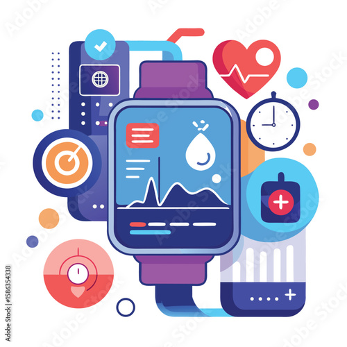 Modern vector illustration of a smartwatch displaying health data and fitness tracking information.