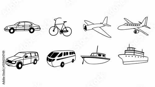 Illustration showcasing various modes of transportation including cars, bicycle, planes, bus and boats drawn in black