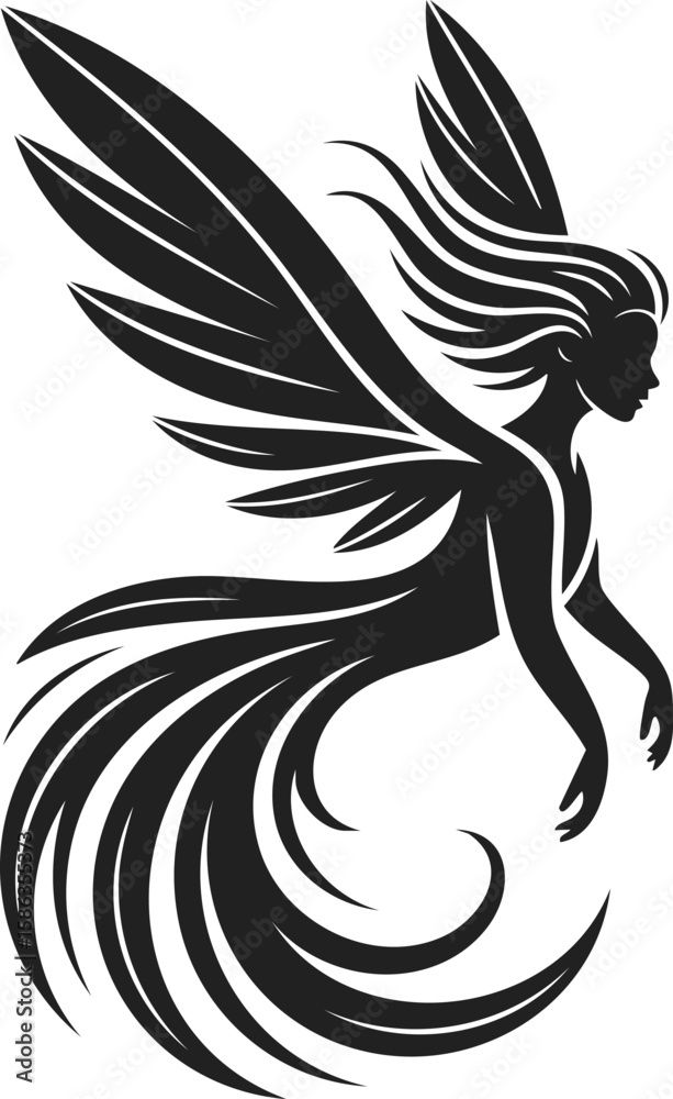 Fototapeta premium Sylph spirit, ethereal figure with flowing hair and wings, graceful pose in motion, enchanting being, mystical creature
