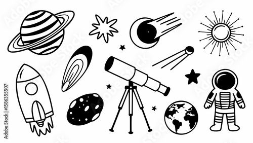 Illustration of a planet with rings, astronaut, telescope, rocket, earth and other celestial objects art