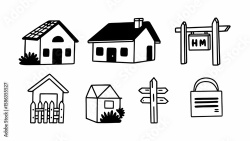 Illustration of houses, a real estate sign, a shed, a direction sign, and a document icon in black and white