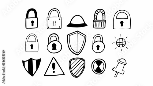 Illustration showing a collection of security related icons including locks shields and warning signs drawing