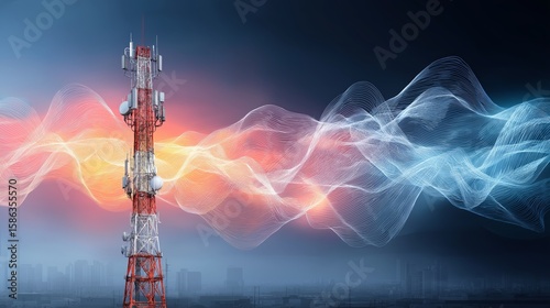 Red-lit telecommunication tower streaming glowing digital waves in a blue atmosphere, symbolizing wireless communication, data flow, and modern connectivity, Generative AI
