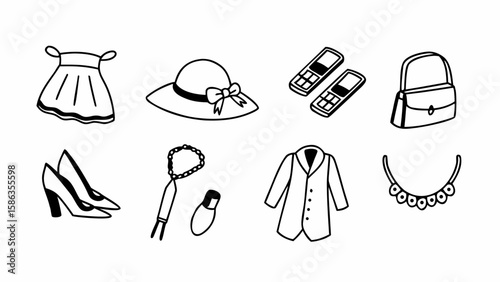 Illustration of a collection of fashion items including clothing accessories and vintage cell phones shown