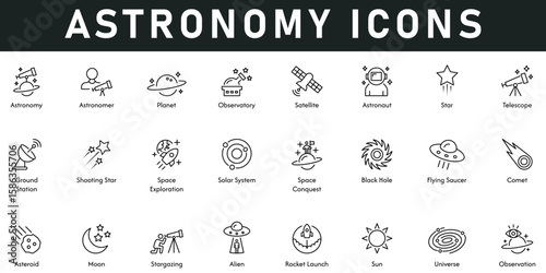 Astronomy Icons vector illustration with thin line editable stroke contains planet, satellite, stars, telescope, universe, observation, alien, rocket launch, moon, sun, comet, solar system, station