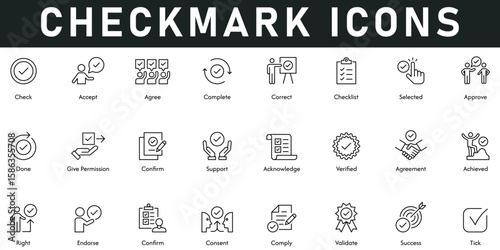 Check Mark Icons vector illustration with thin line editable stroke contain accept, agree, complete, correct, checklist, approve, success, validate, consent, confirm, right, endorse, achieved, support