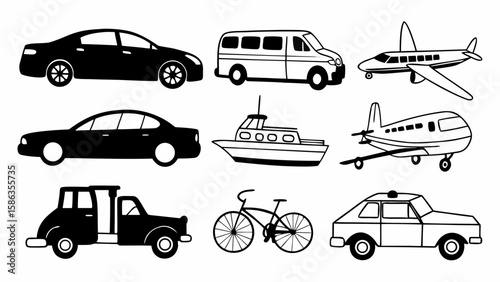 Illustration showcasing various modes of transportation including cars vans airplanes boat and a bicycle design element