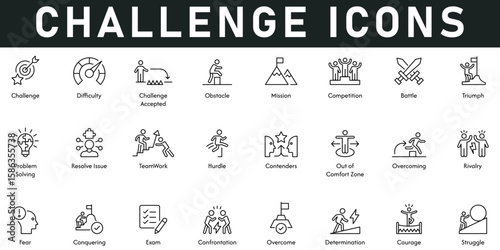Challenge Icons vector illustration with thin line editable stroke contains difficulty, obstacles, mission, competition, battle, triumph, problem solving, teamwork, hurdles, rivalry, struggle, courage