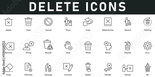 Delete Icons vector illustration with thin line editable stroke contains trash, cancel, throw, bin, undo, dismiss, incorrect, erase, error, dispose, refuse, recycle, stop, remove, wrong, discard.