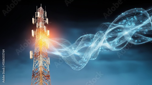Telecommunication tower emitting glowing digital waves against night sky, representing wireless data transmission, network connectivity, and futuristic technology, Generative AI