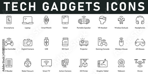 Tech Gadgets Icons vector illustration with thin line editable stroke contains smartphone, laptop, smartwatch, drone, webcam, smart TV, robot vacuum, AR glasses, SD card, USB, VR headset, projector
