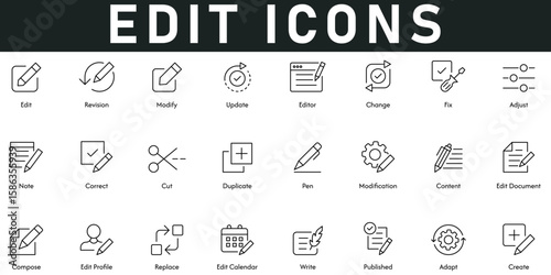 Edit Icons vector illustration with thin line editable stroke contain revision, modify, update, change, fix, adjust, note, create, adapt, published, write, edit calendar, replace, compose, duplicate