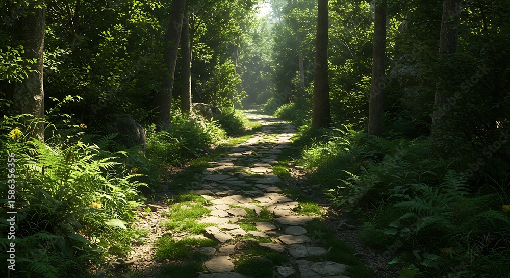Fototapeta premium A sunlit stone path winds through a lush, verdant forest, creating a peaceful scene.