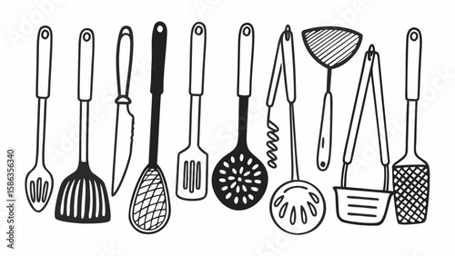 Illustration of various kitchen utensils including spoons spatulas tongs and other cooking instruments drawn
