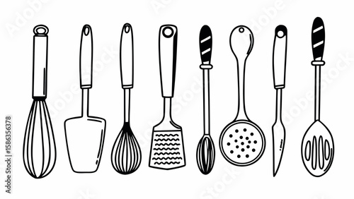 Illustration of kitchen utensils including a whisk, spatula, and various spoons in a line drawing style