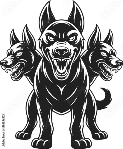 Three-headed hound, mythical guardian of the underworld, fearsome creature, dog with multiple heads, engraved vintage style illustration