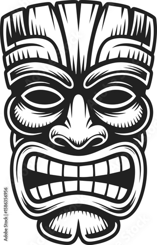 Tiki mask, traditional Polynesian sculpture, tribal art, carved wooden mask, face decoration, expressive emotive design, cultural artifact