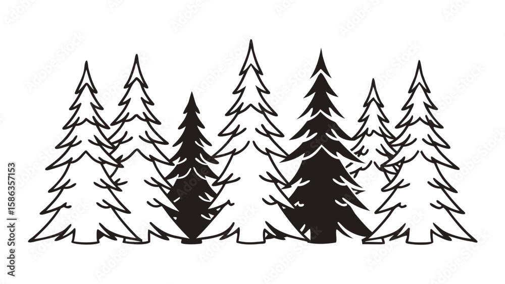 Fototapeta premium A simple black and white illustration of a group of evergreen trees arranged in a forest setting view