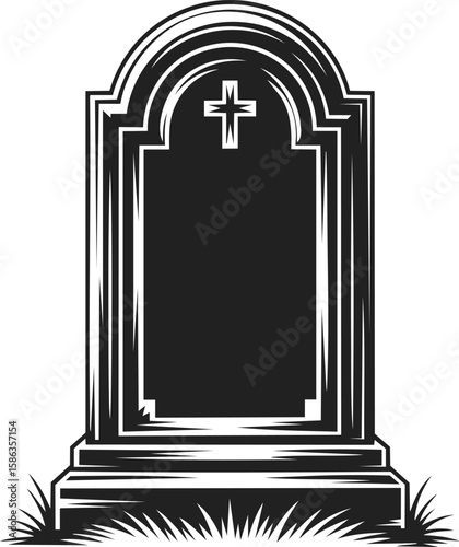 Tombstone gravestone, memorial monument, etched grave marker, black and white engraved artwork, vintage grave decoration