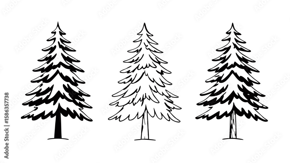 Obraz premium Three stylized christmas trees with black outlines and white fill on a white background in a drawing style