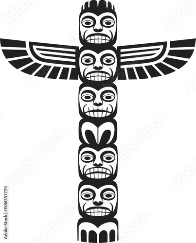 Totem pole illustration featuring stacked faces, intricate carvings, tribal art, cultural significance, emblematic design
