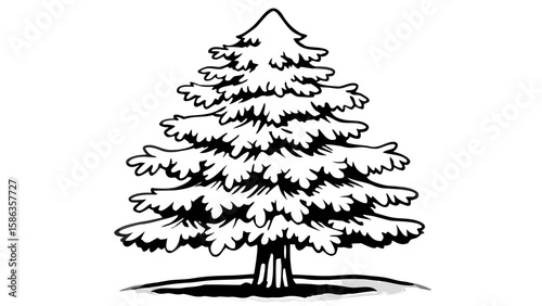 Illustration of a coniferous tree with a triangular shape and layered branches in black and white outline