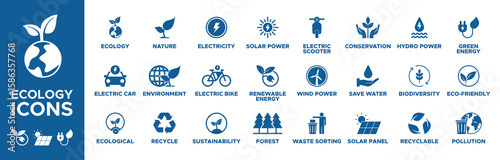 Ecology icon set. ecology icons, recycle, environment, nature, electricity, electric bike, sustainability, forest, renewable energy, solar power, electric scooter, wind. Solid icons vector collection.