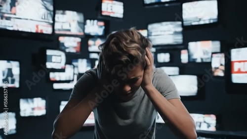 Confused Person Surrounded by Floating TVs with Conflicting News