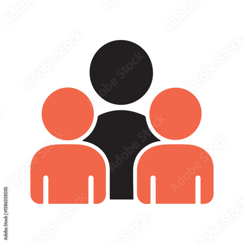 Minimal outline-style vector icon representing teamwork and collective collaboration. Features three stylized human figures—one central black figure flanked by two red companions, symbolizing leadersh