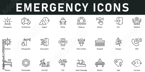 Emergency Icons vector illustration with thin line editable stroke containing ambulance, urgent, police, medical, barrier, fire, first aid, panic attack, evacuation, critical, lifebuoy, paramedics.