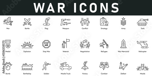 War Icons vector illustration with thin line editable stroke containing battle, flag, weapon, conflict, strategy, army, tank, explosion, negotiation, helicopter, missile, bomb, battleship, combat.