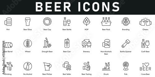 Beer Icons vector illustration with thin line editable stroke containing pint, beer bottle, HOP, beer pack, branding, cheers, pitcher, no alcohol, drinking, beer tasting, PUB, craft beer, brewery.