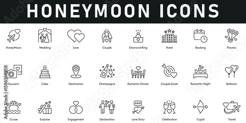 Honeymoon Icons vector illustration with thin line editable stroke containing wedding, love, couple, booking, flowers, travel, celebration, surprise, champagne, destination, engagement, love story.