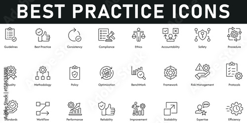 Best Practices Icons vector illustration with thin line editable stroke containing guidelines, consistency, compliance, ethics, accountability, procedure, quality, methodology, optimization, benchmark
