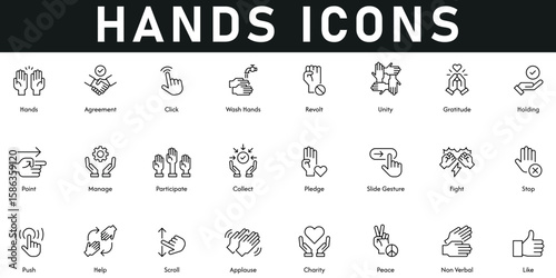 Hands Icons vector illustration with thin line editable stroke containing agreement, click, wash hand, revolt, unity, gratitude, point, manage, participate, collect, pledge, slide gesture, fight, like