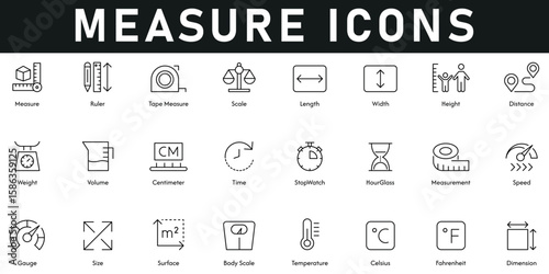 Measure Icons vector illustration with thin line editable stroke contains ruler, tape measure, scale, length, width, height, distance, dimension, temperature, size, gauge, speed, time, volume, weight