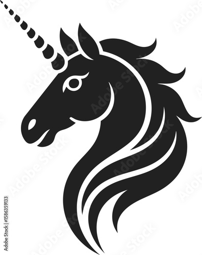Unicorn head illustration, mythical creature, fantasy animal, horned horse, magical symbol, vintage engraved art, whimsical design