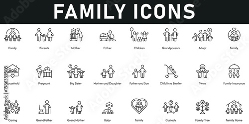 Family Icons vector illustration with thin line editable stroke containing parents, mother, father, grandparents, family tree, home, baby, insurance, twins, adopt, household, pregnant, big sister.
